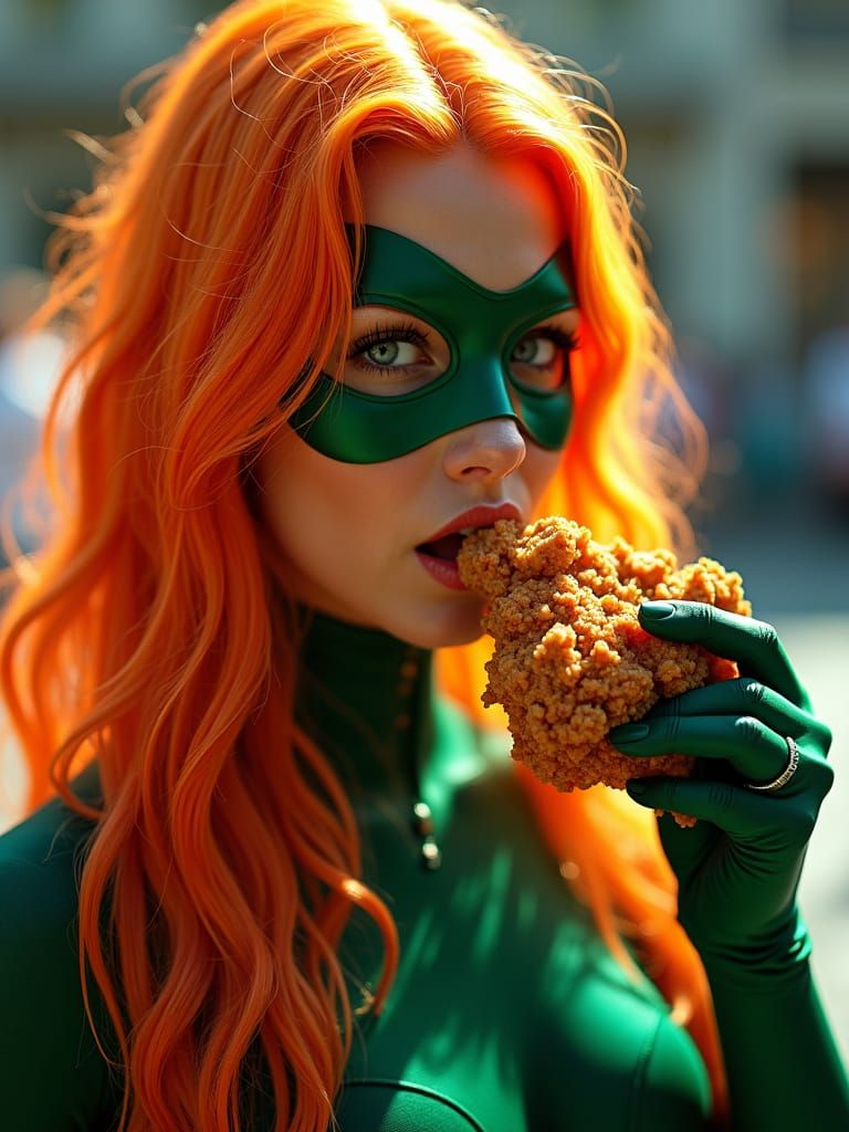 Superhero Woman with Orange Hair Eats Chicken
