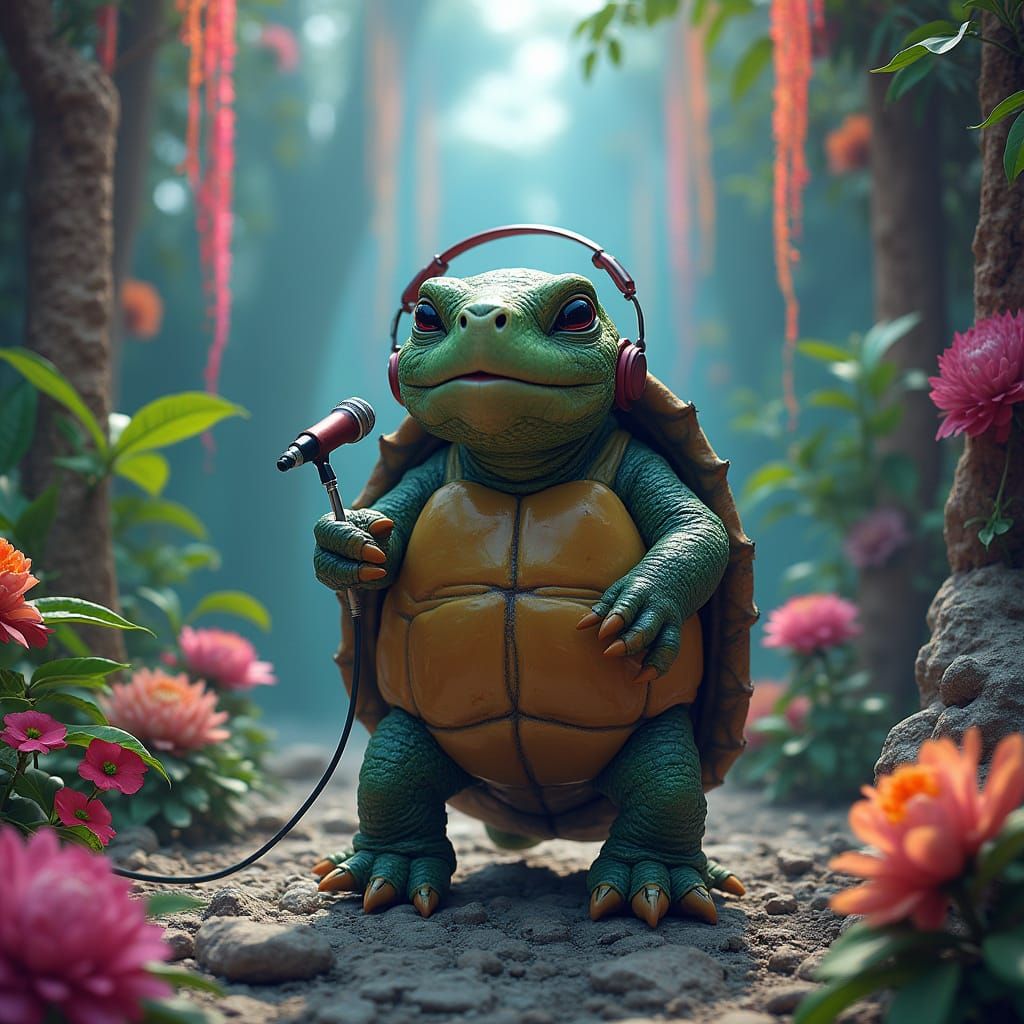 Singing Turtle on Stage in Digital Art Style