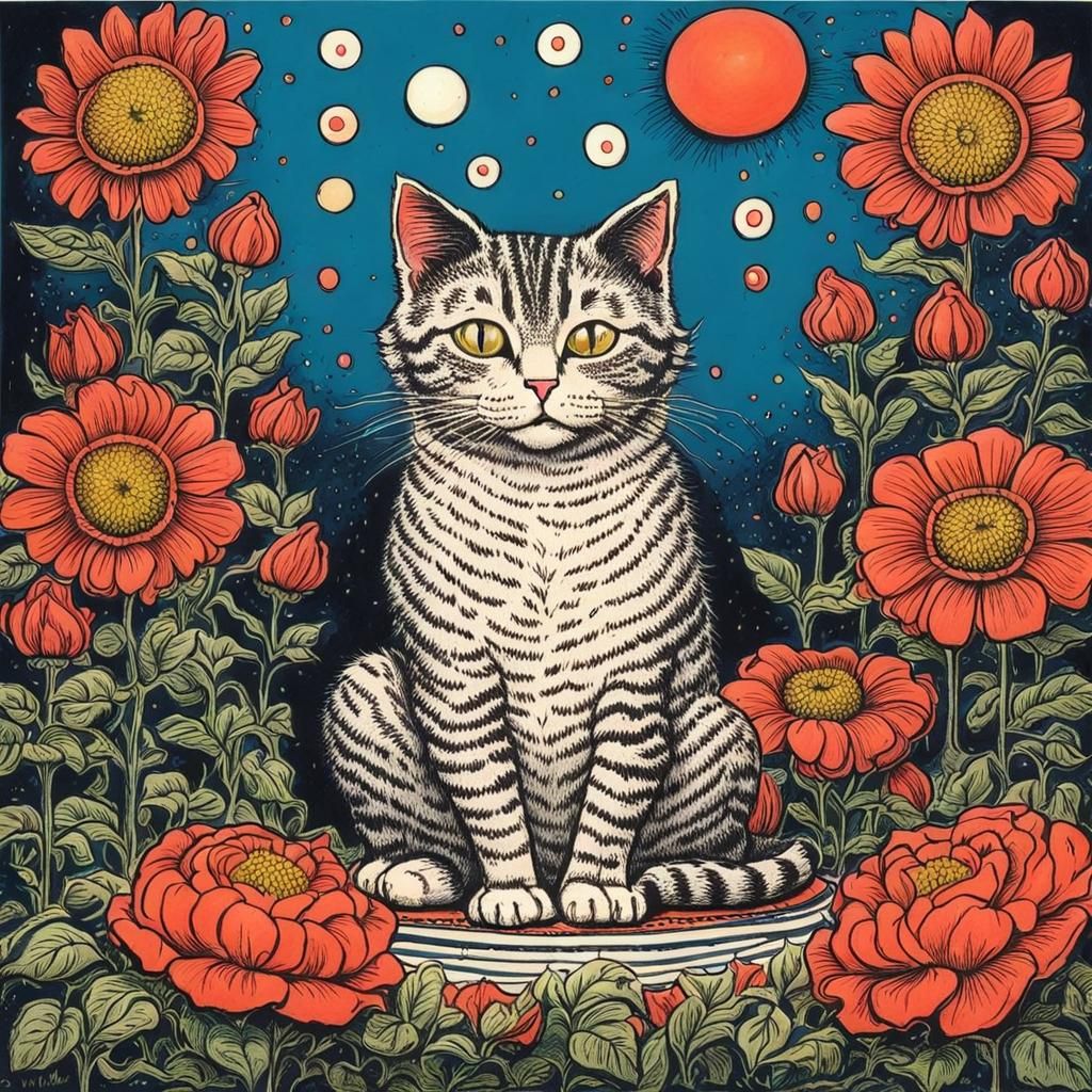 Cute Cat Surrounded by Flowers in Grotesque Comic Style