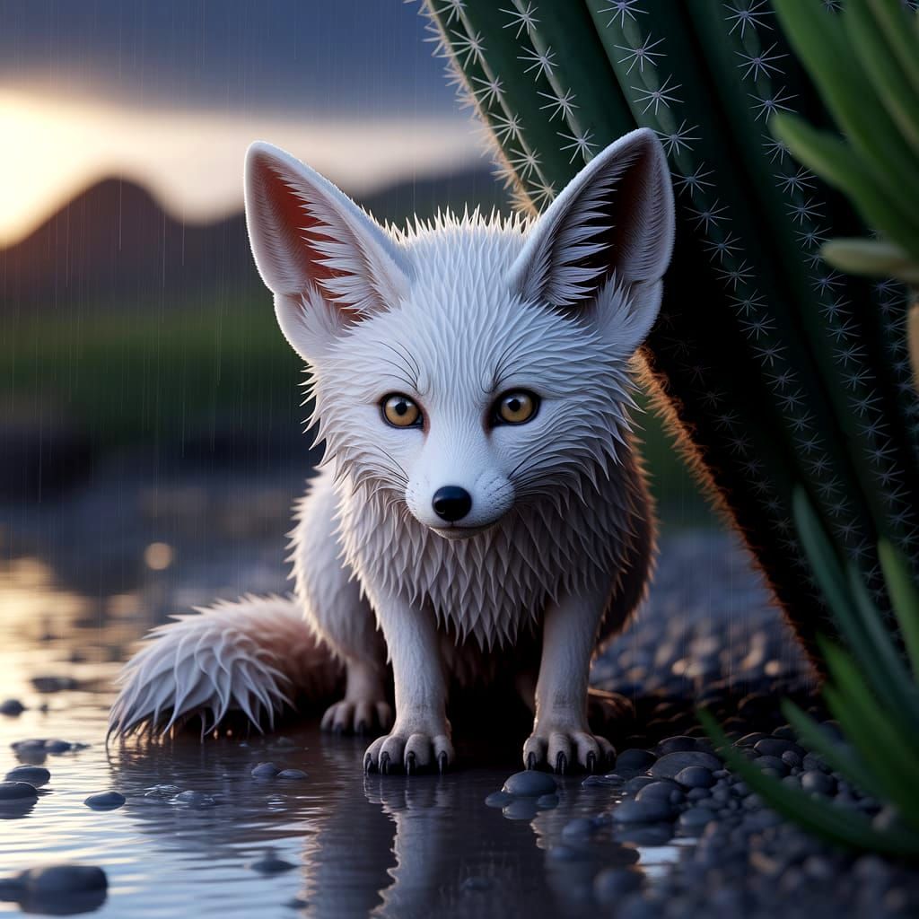 Fennec Fox Seeks Shelter in Stormy Golden Hour