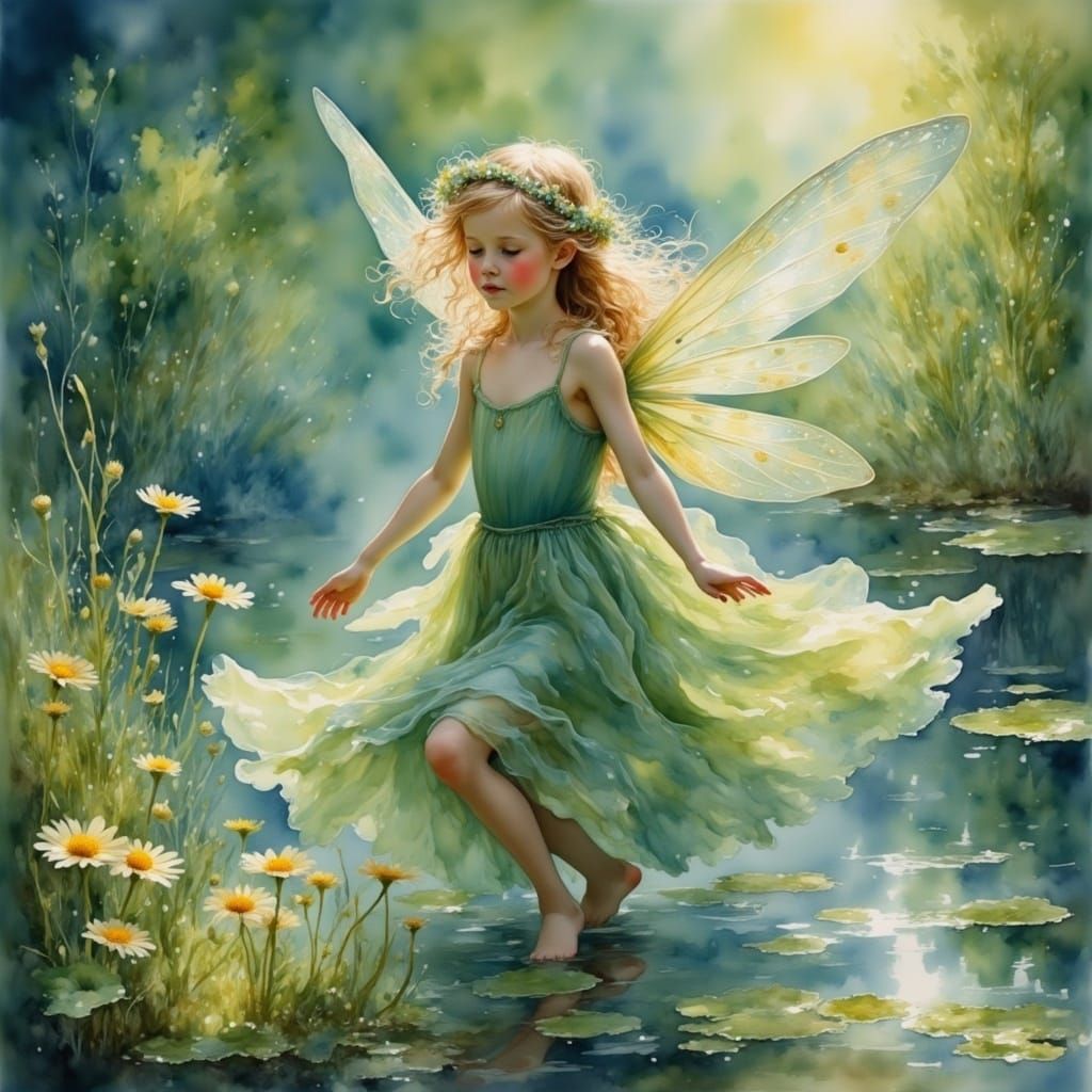 Fairy Dancing on Icy Pond in Pearlescent Beauty
