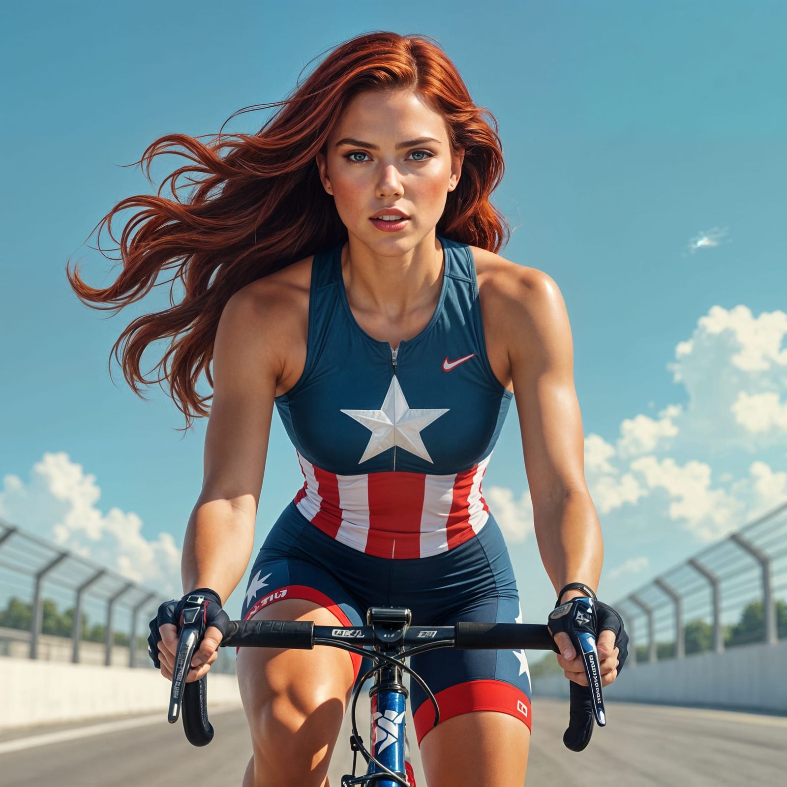 Woman in Captain America Outfit Rides Racing Bike