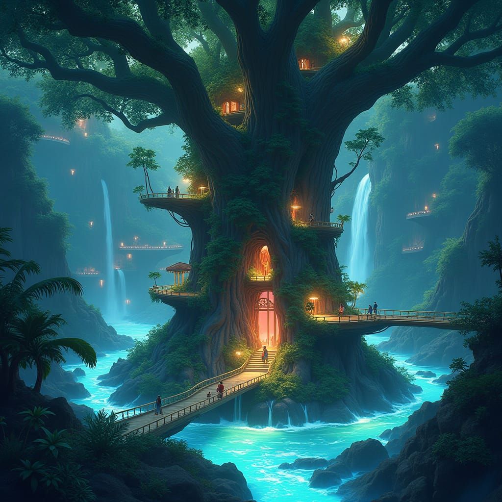 Bioluminescent Oasis in Colossal Tree, Retro-Futuristic Anim...