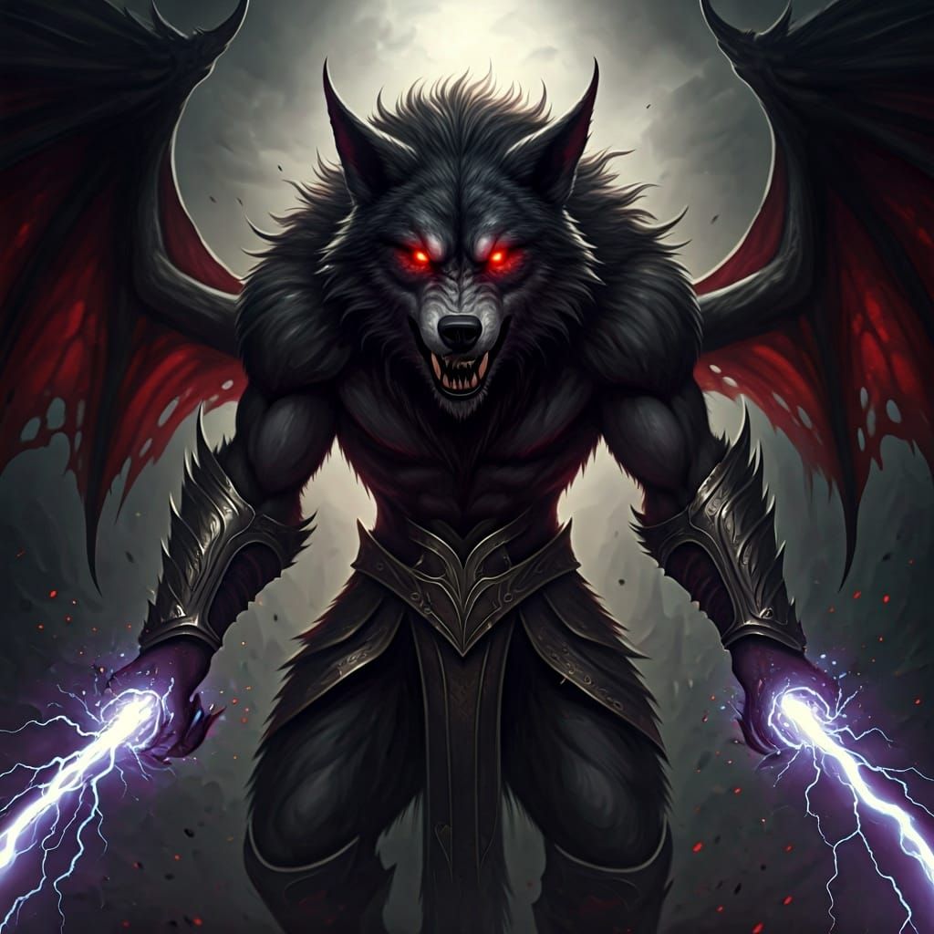 An epic fantasy scene depicting a monstrous dark werewolf, red eyes, with demon's wings. Silver and black bolts shoot ou...