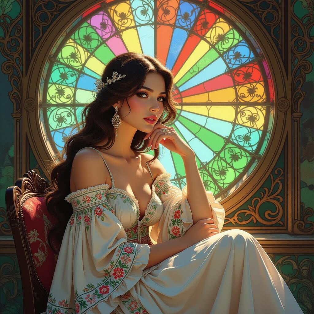 Rainbow Light on Embroidered Woman: Mucha Style