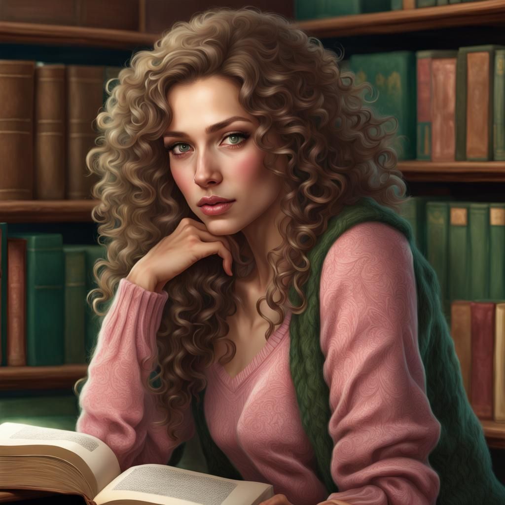 Woman in Library: Hyperdetailed Portrait Art