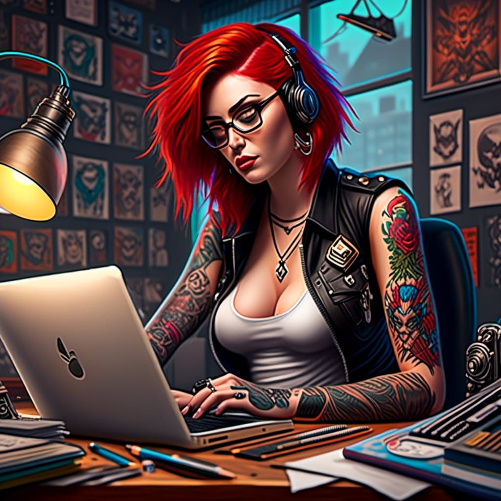 Woman with Tattoos Working in Office, Process Art