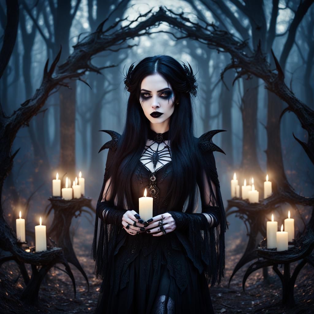 Gothic Woman in Eerie Forest Under Moonlight