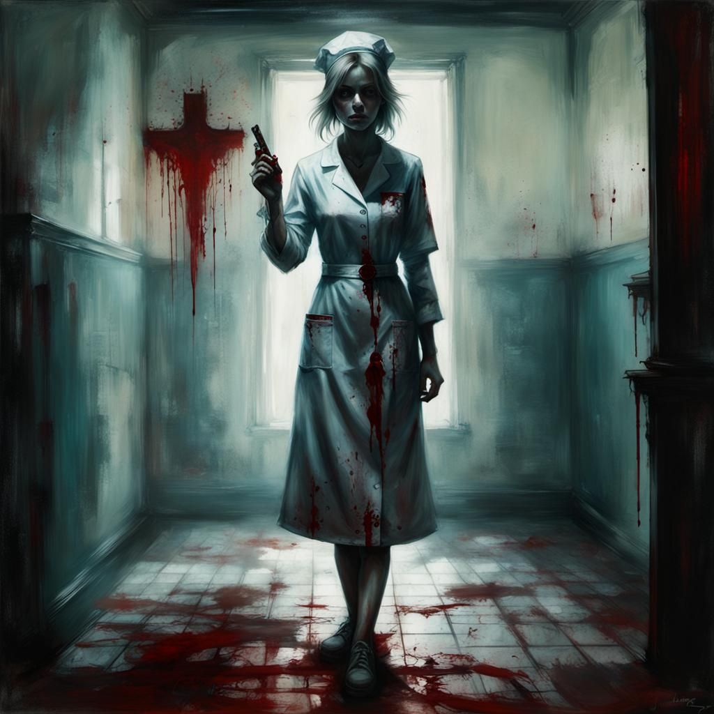 Bloodstained Nurse in Abandoned Hospital Horror Scene