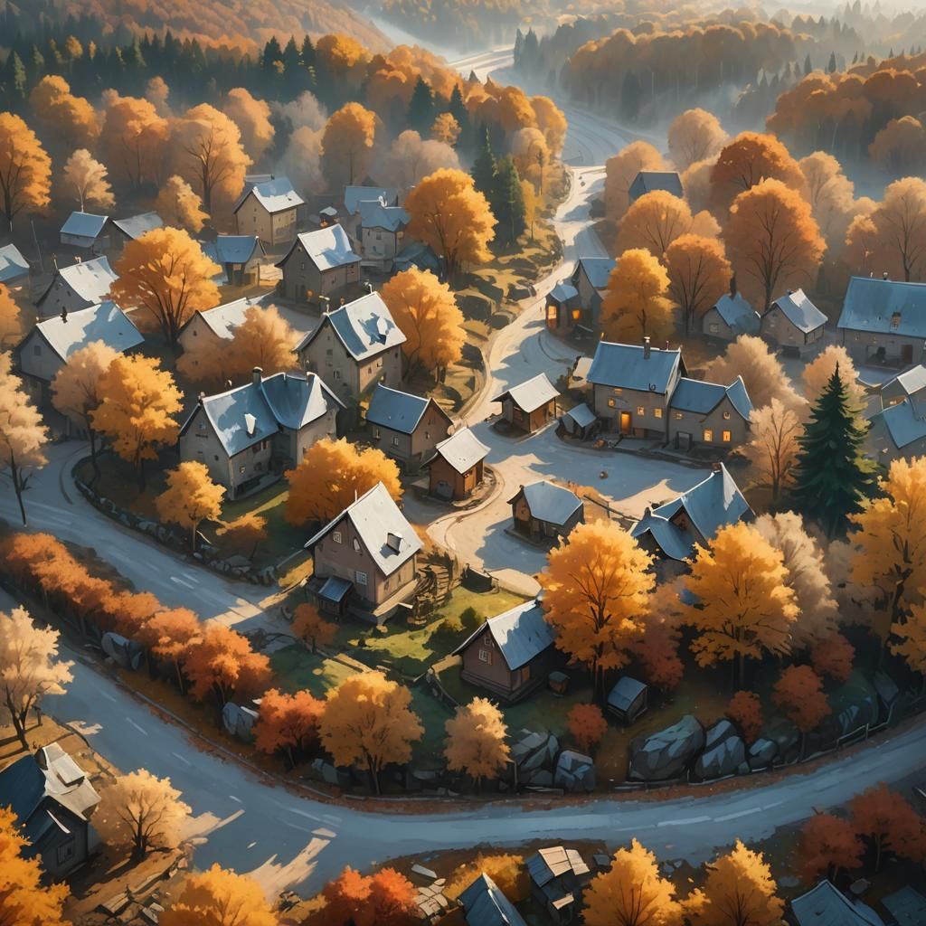 Frosty Autumn Village in Impressionistic Style