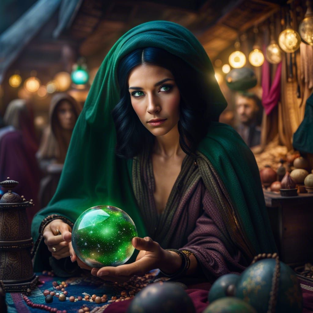 A mysterious fortune teller at a medieval market