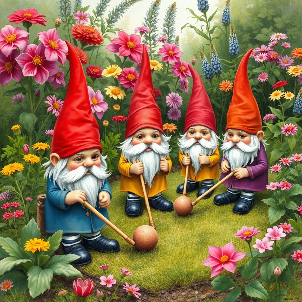 Garden Gnomes Play Croquet in Whimsical Style