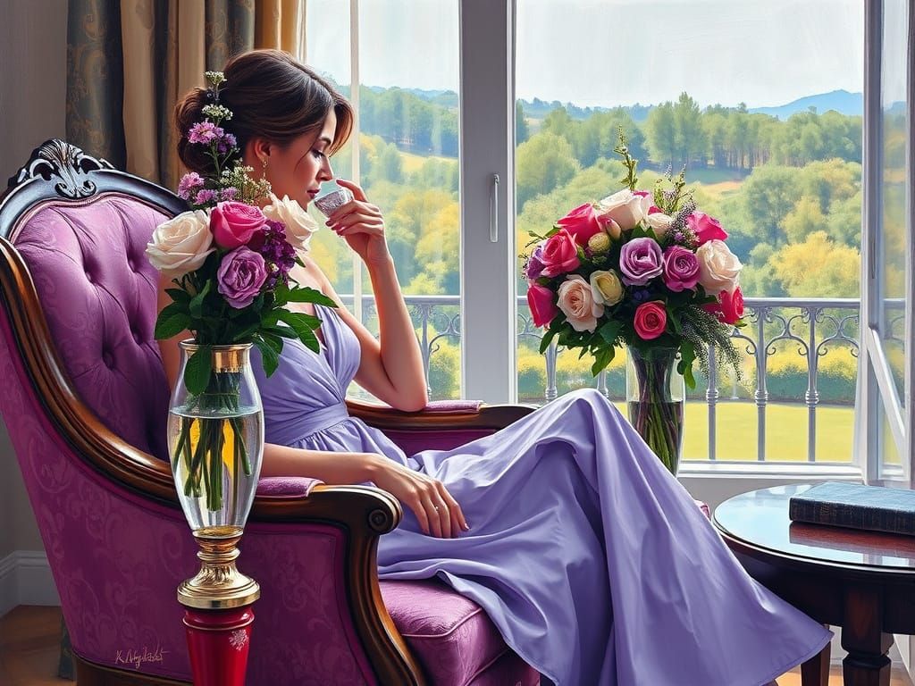 Woman in Purple Dress in Abstract Art Style