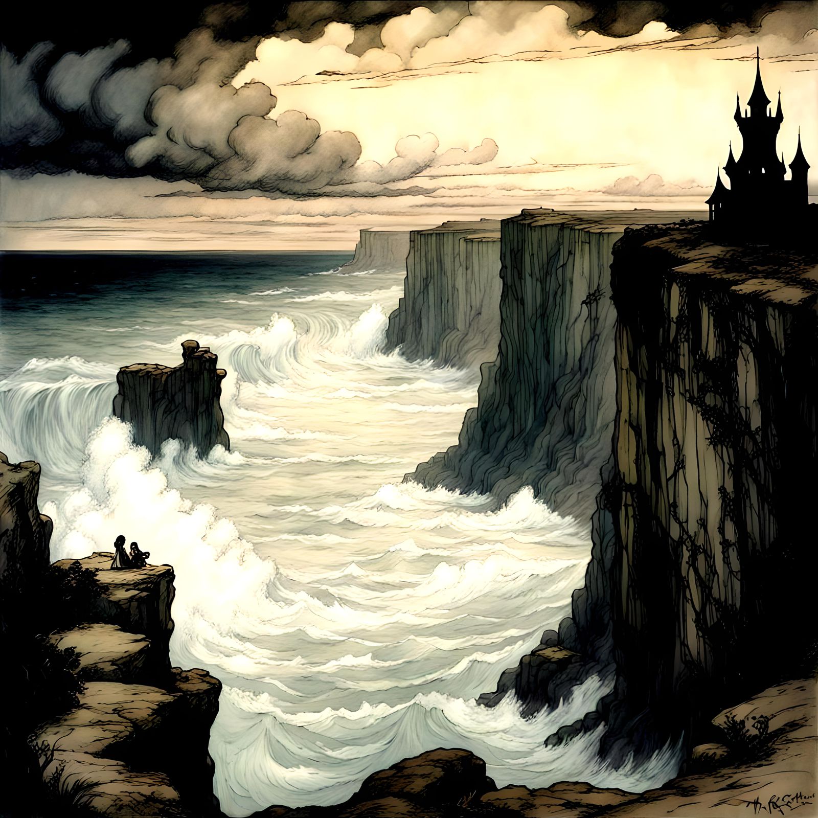 Beautiful epic magnificent fantasy fairy sea cliffs, by Arthur Rackham