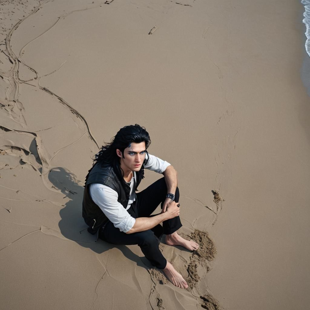 Handsome Metallic-Haired Man on a Beach