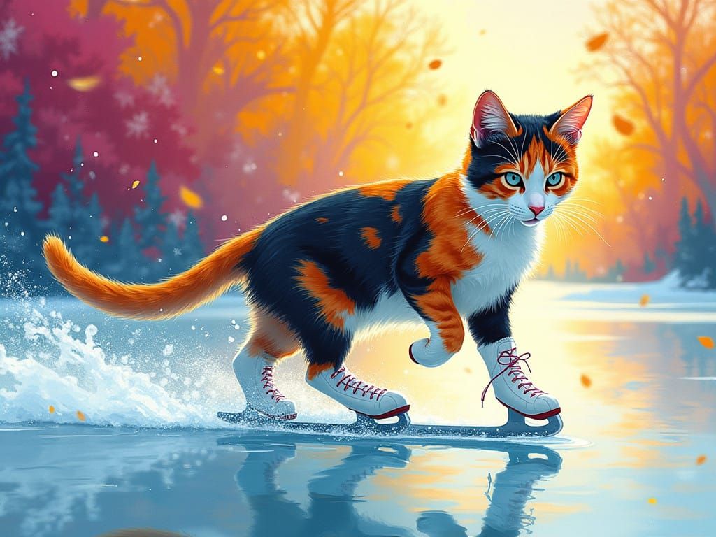 Calico Cat Skates on Frozen Pond in Vibrant Pop Art Style