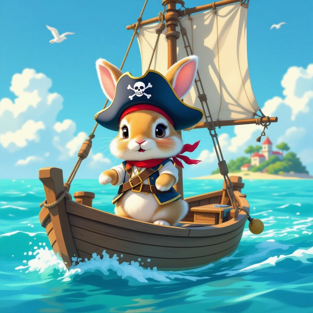 Rabbit Pirate on a Sailboat in Children's Book Style