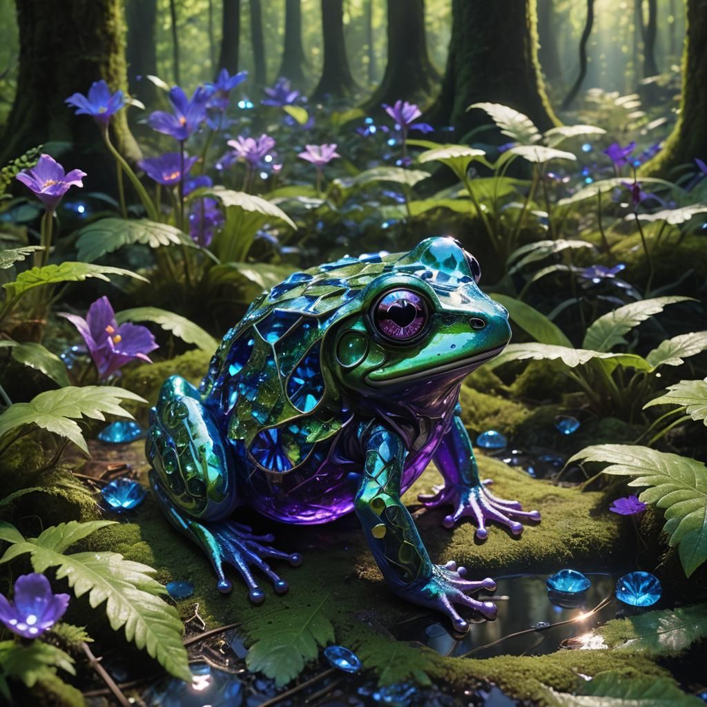 Radiant Crystal Frog in Surreal Forest