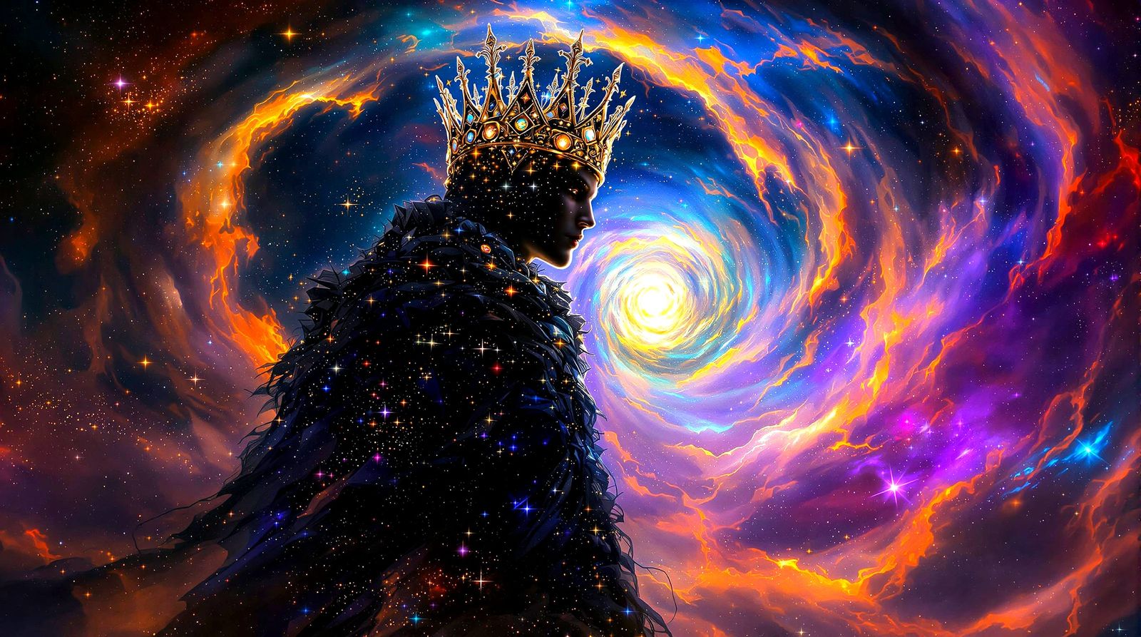 Regal Figure in Cosmic Void, Crown of Starlight
