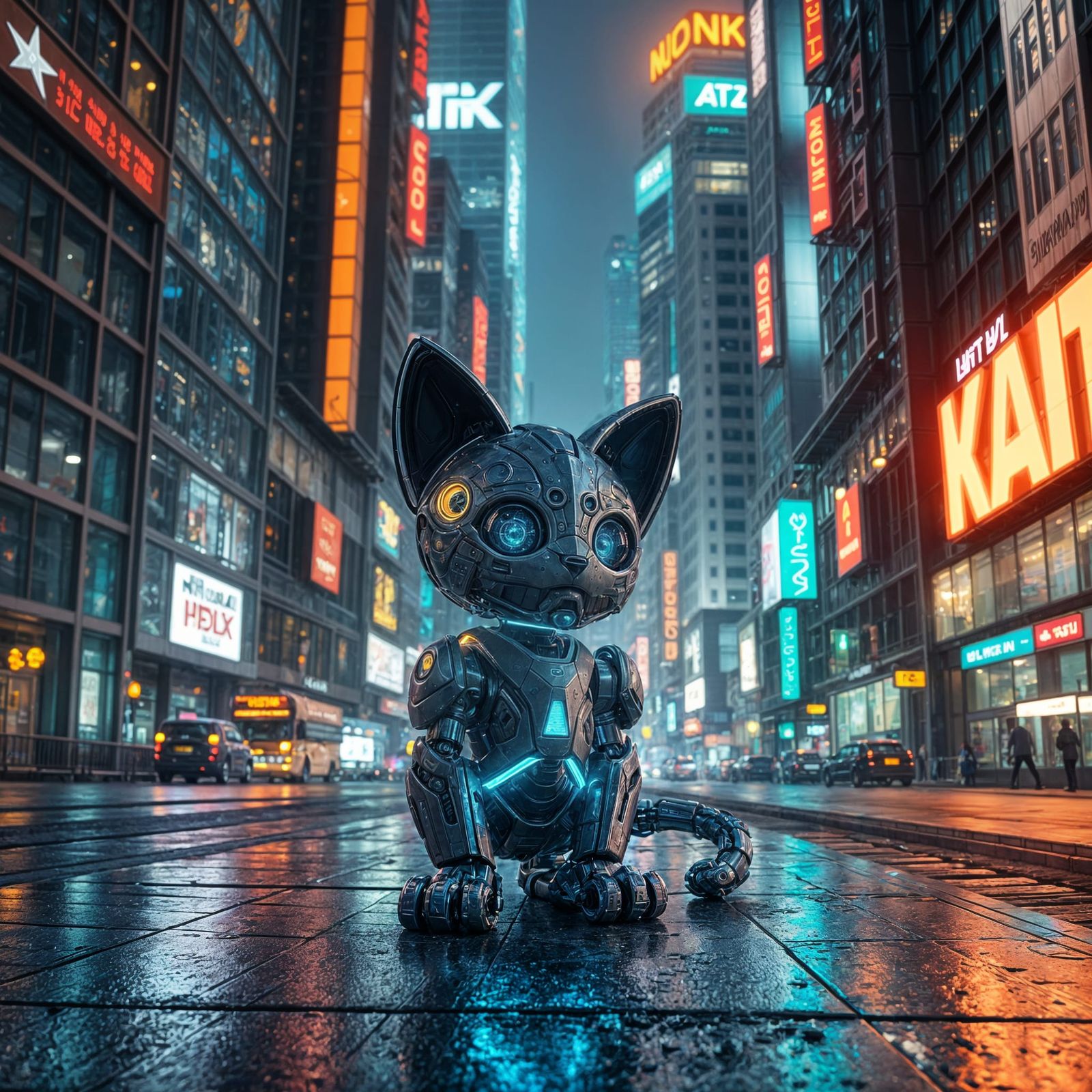 Lost Robot Cat in Futuristic City at Night