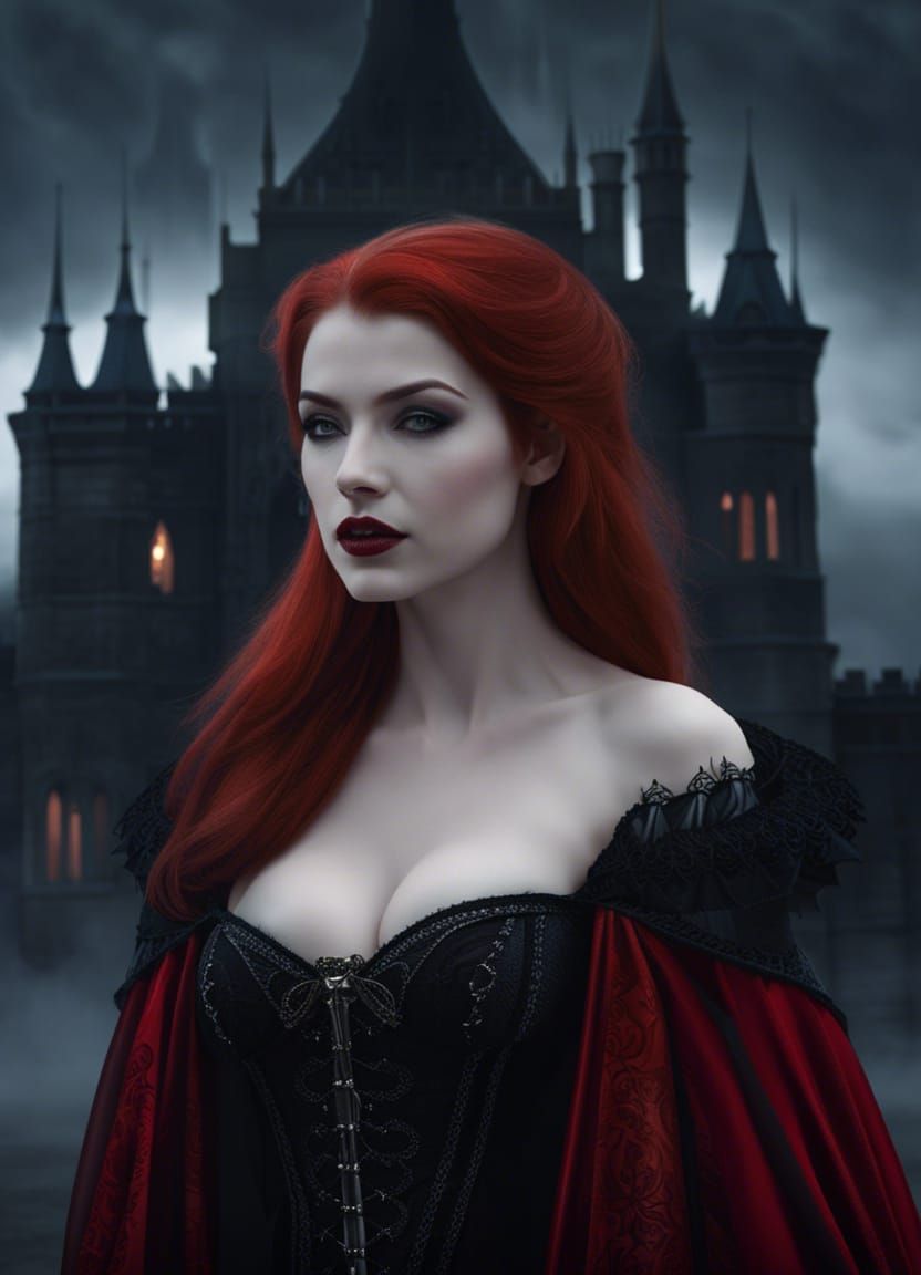 Redhead Vampire Outside Gothic Castle in Photorealistic Styl...