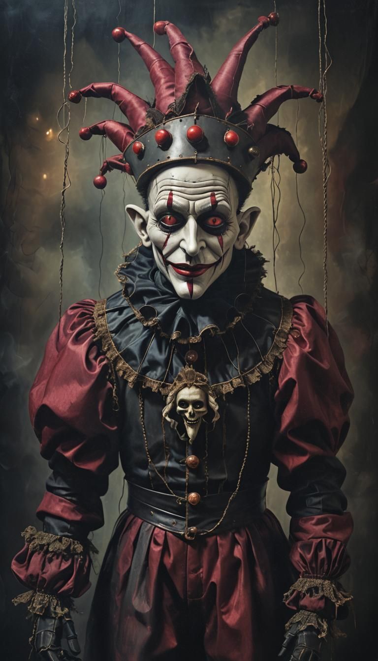 Macabre Jester Marionette Portrait in Dark Surrealism