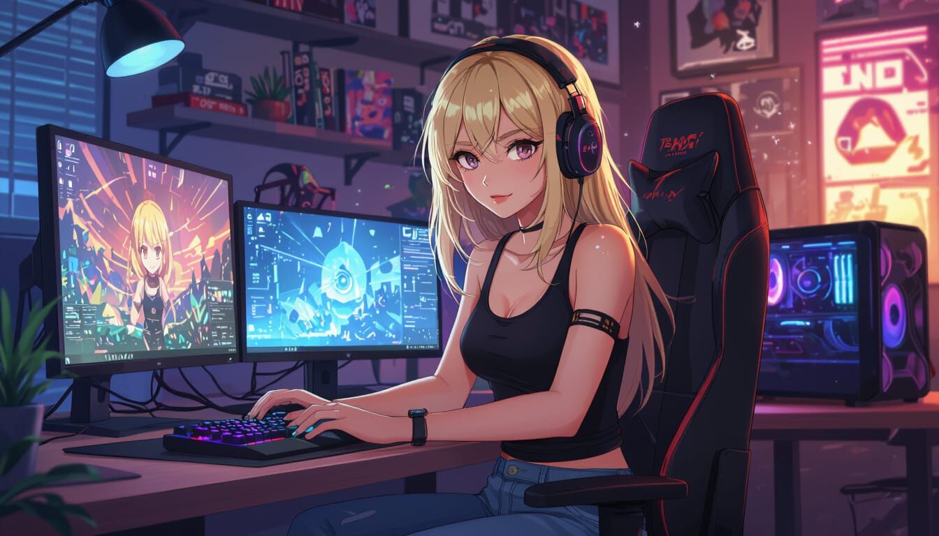 Blonde Anime Gamer in 3D Rendered Style