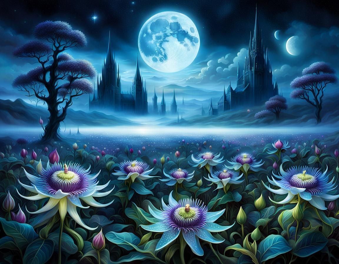 Bioluminescent Flowers Under Double Moon, Photorealistic Sty...