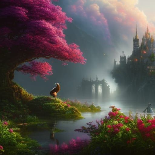 Lovebirds in a Fantastical Floral Landscape