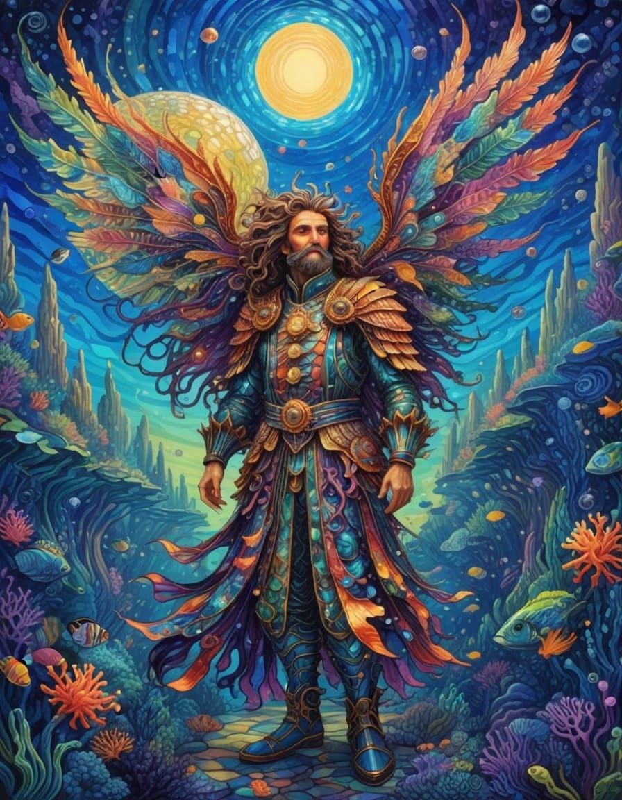 Fairytale Sea Folk Character in Stained Glass Art Style