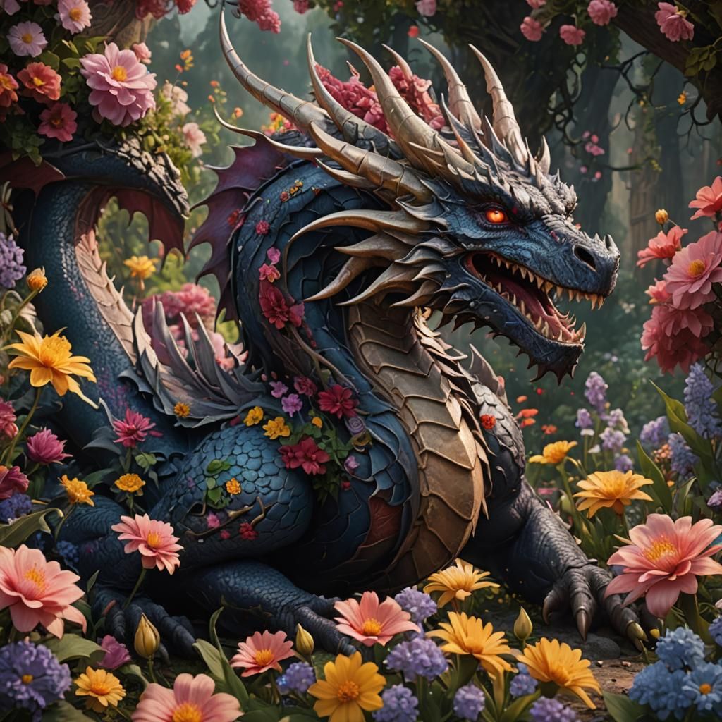 Dragon in Flower Patch: Fantasy Concept Art