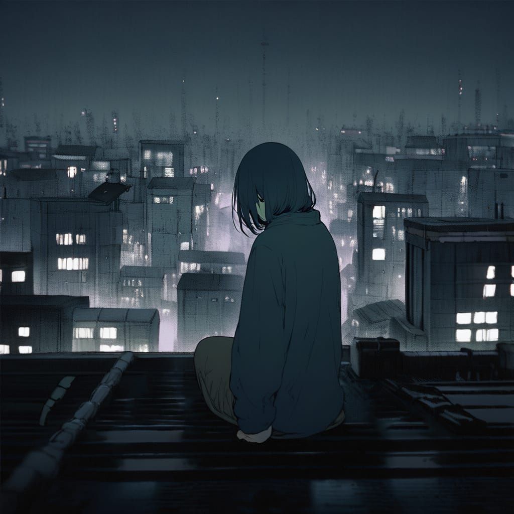 Apathetic Girl Contemplates Loneliness Under City Lights