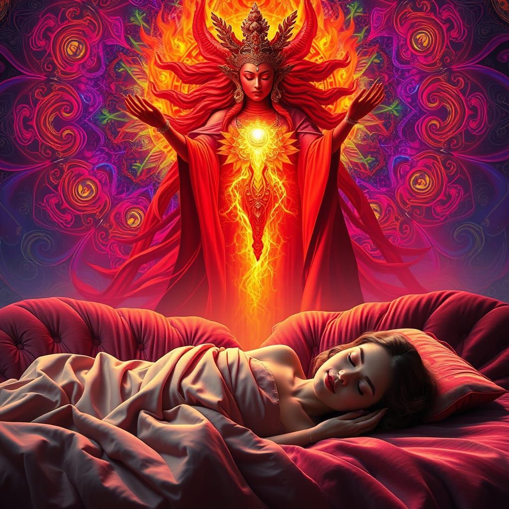 Majestic Red Tara Goddess Radiates Fiery Energy Above Slumbe...