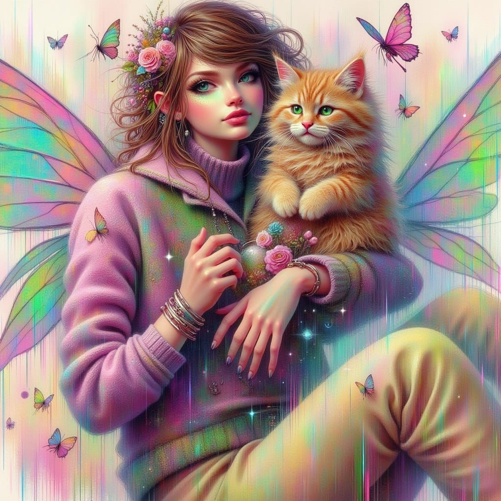 Modern Woman with Emerald Eyes Holding a Ginger Cat