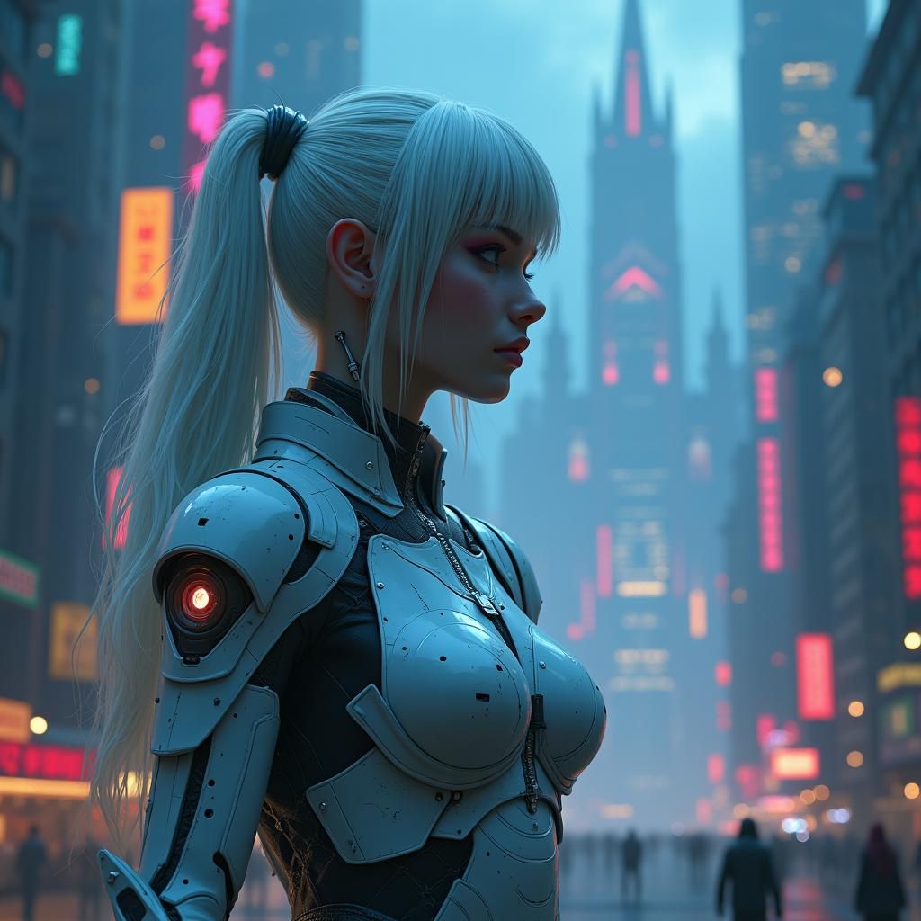Cyborg in Dystopian Gothic Cityscape, Anime Style