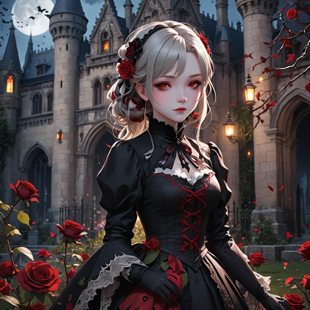 Anime Vampire Princess in Moonlit Garden
