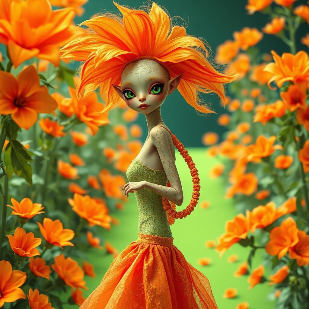 Alien Fashionista in Neon Couture, Futuristic 3D Portrait