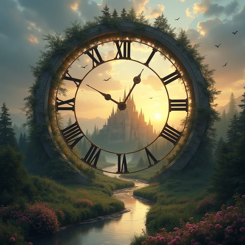 Magical Landscape with Ornate Clock and Castle View