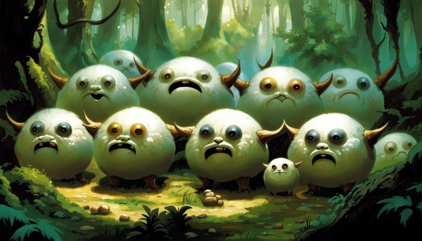 Rice Ball Creatures in a Magical Forest