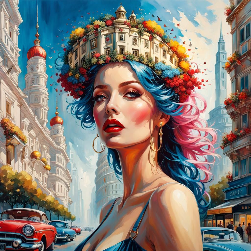 Melancholic Portrait of Woman Dissolving in Cityscape