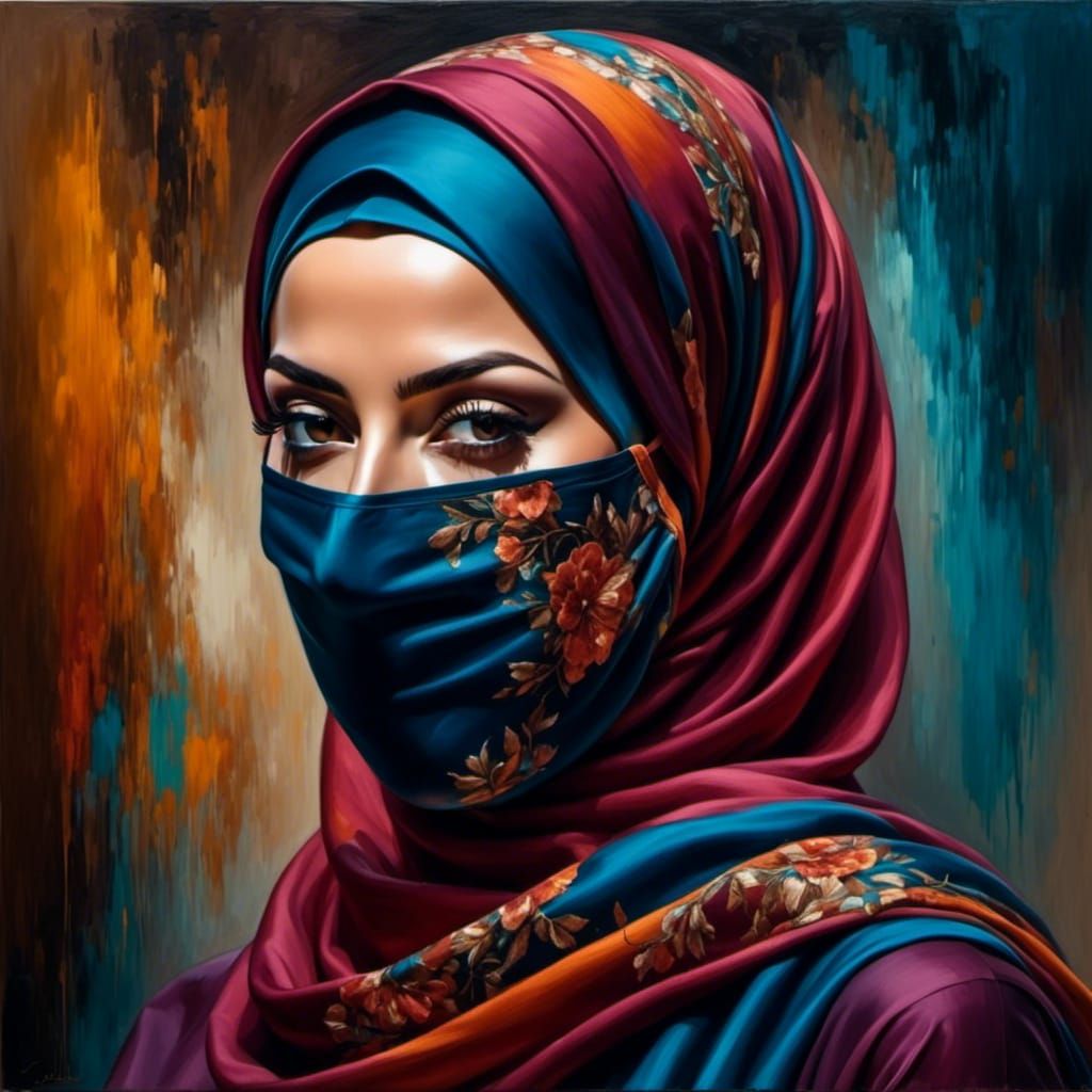 Overweight Woman in Hijab Oil Painting with Facemask