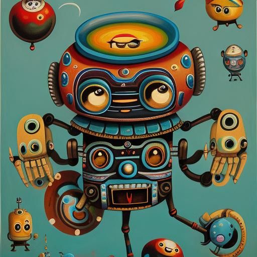 Pattachitra Cute Robots in Surrealist Style