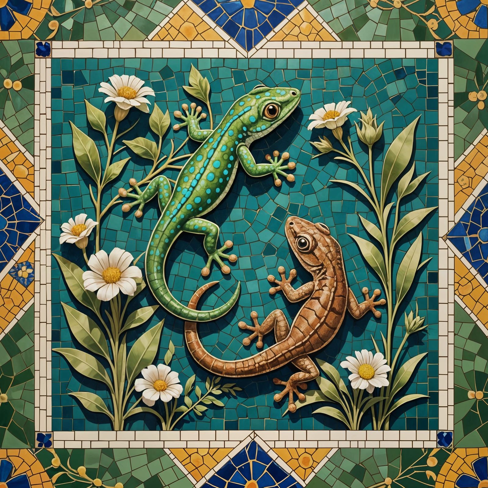 Geckos on Ancient Roman Mosaic Floor in Watercolor Style