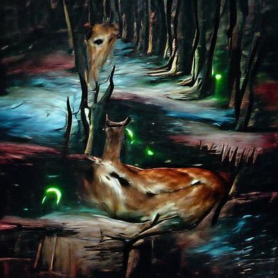 Deer in Dark Forest Night, Oil Painting