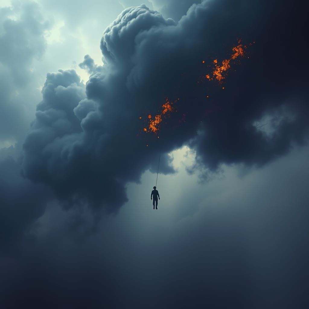 A Lonely Figure Descends into Dark, Foreboding Clouds