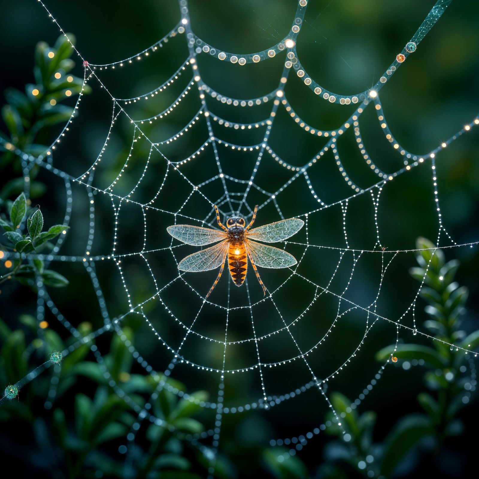Ultra Realistic Firefly Caught in Spider Web Close Up