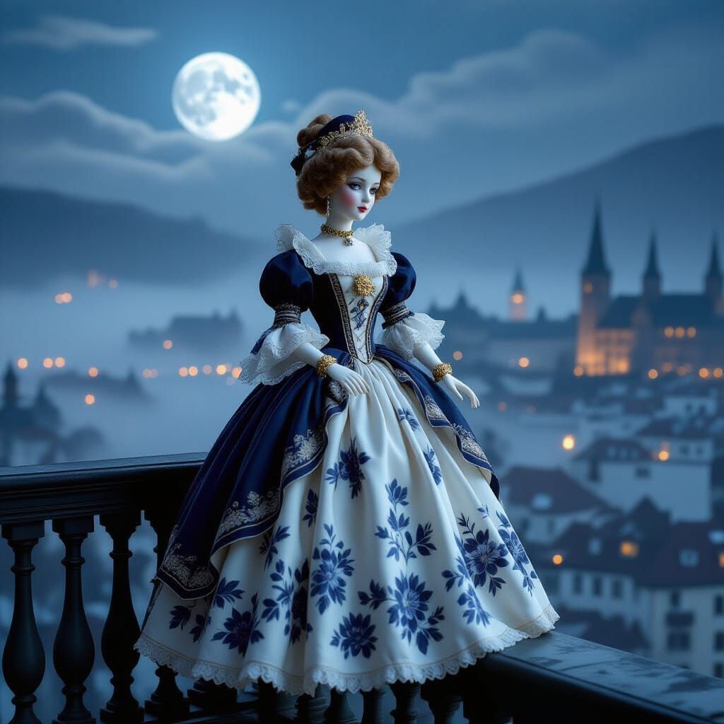 Majestic Porcelain Doll on Balcony Overlooking Misty City