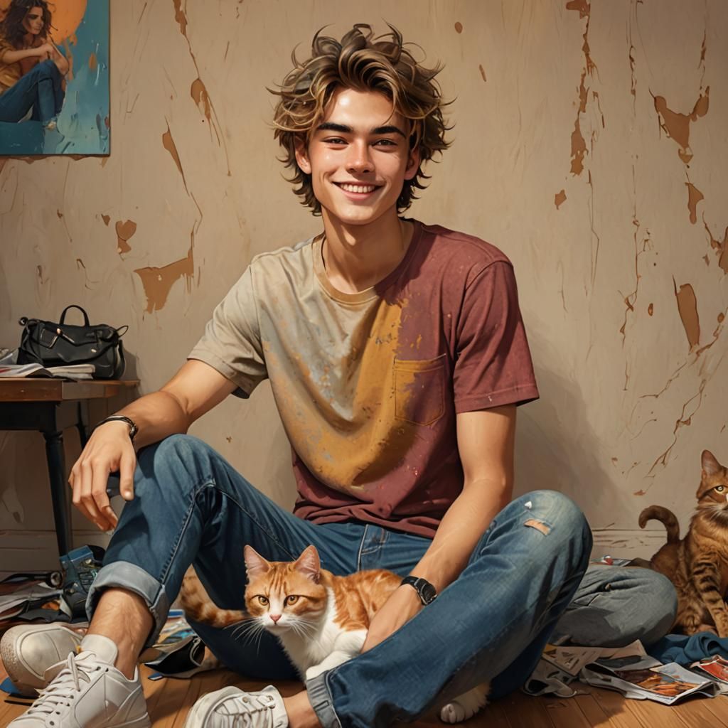 Teenager and Cat in Hyperrealistic Digital Art