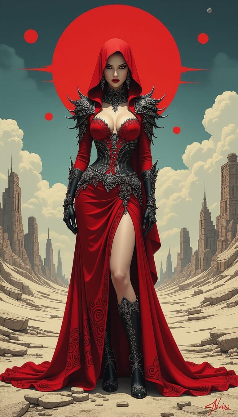Scarlet Femme Fatale in Dystopian Landscape