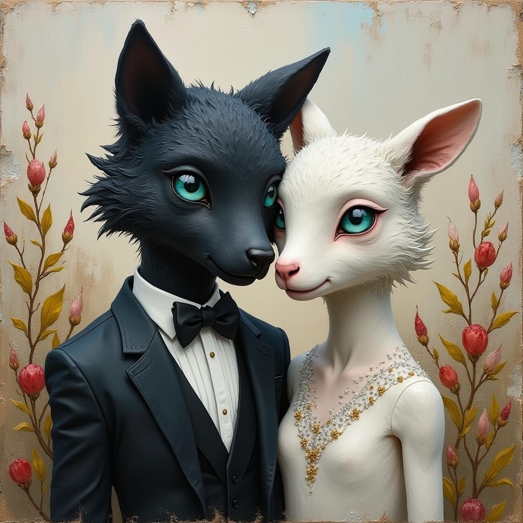 Whimsical Wolf and Lamb Wedding: An Impasto Oil Painting
